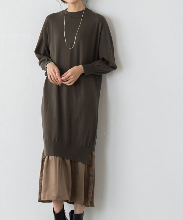 楽天市場 最新作 サテンドッキングニットワンピース ワンピース サテン ドッキング ニット ワンピ リブ リブ編み サマ見え レーヨン混 ロング 黒 ベージュ 上品 秋 レディース Pierrot Pierrot ピエロ