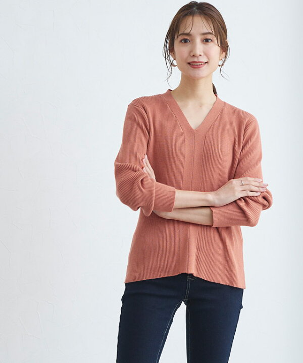 楽天市場 綿混vネックリブニット ニット 綿混 Vネック コットン セーター 切り替え 高見え 白 青 ベージュ レディース 春 ピエロ Pierrot Pierrot ピエロ