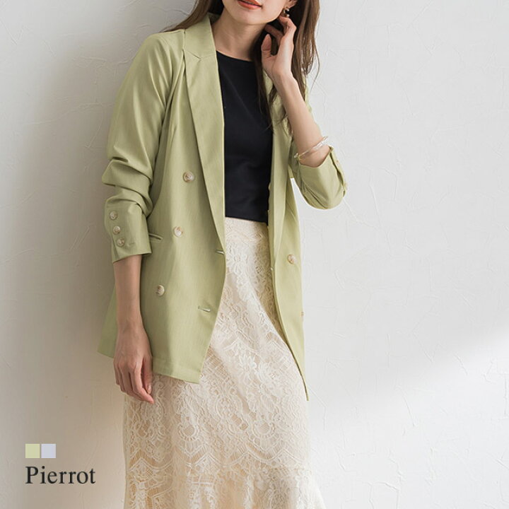 楽天市場 夏 バーゲン 送料無料 ダブルボタンジャケット ジャケット ダブルボタン ライトアウター レーヨン混 ポケット付き テーラード ニュアンスカラー オフィス 長袖 レディース 春 ピエロ Pierrot Pierrot ピエロ