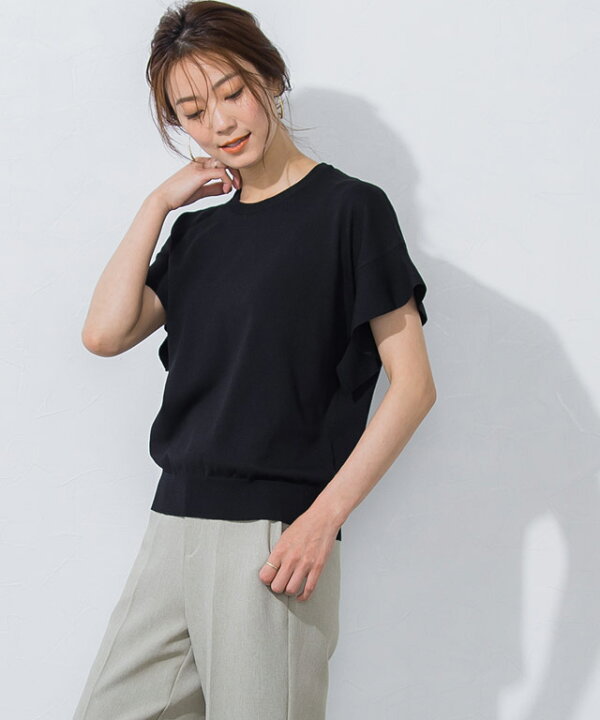 楽天市場 リネンタッチフレアフレンチスリーブニット ニット フレア袖 レーヨン混 サマーニット 洗濯機ok フェミニン きれいめ ゆったり 黒 白 ブルー レディース 夏 ピエロ Pierrot Pierrot ピエロ