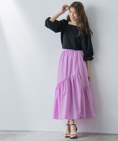 スカート ギャザー切り替えスカート フレア ロングスカート ギャザー ウエストゴム レディース ピエロ pierrot