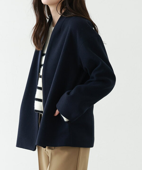 楽天市場】【送料無料】メルトンVネックノーカラーショートコート  