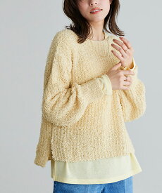 【春ニットフェア】リボンヤーンボートネックニット ☆ ニット ボートネック リボンヤーン 長袖 サイドスリット ボリュームスリーブ ピエロ