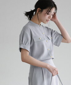 接触冷感 リネンライクブラウス ☆ ブラウス 接触冷感 リネンタッチ ボリュームスリーブ きれいめ オフィス 通勤 オフィスカジュアル ゴールドボタン フラップデザイン ピエロ 【Pierrot】