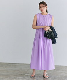 ラウンドティアードワンピース ☆ ワンピース ギャザー 綿混 ノースリーブ リラクシー ピエロ 送料無料