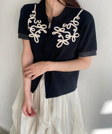 [ECLAM] コードレース使いジップデザインニット ☆ ニット ダブルジップデザイン コード刺繍 レース クロップド丈 トレンド クラム ECLAM ピエロ 送料無料