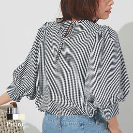 【MAX15％OFFクーポン】ボリュームパフスリーブブラウス ☆ ブラウス パフスリーブ Aラインシルエット 後ろリボン ストライプ 体型カバー ピエロ 【Pierrot】