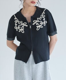 【MAX15％OFFクーポン】[ECLAM] コードレース使いジップデザインニット ☆ ニット ダブルジップデザイン コード刺繍 レース クロップド丈 トレンド クラム ECLAM ピエロ 送料無料