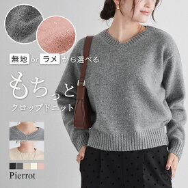 【全品10%OFFクーポン】【木村えりなさんYouTube紹介アイテム】ネックが選べる無地ラメクロップド丈ニット ☆ ニット ラメ クルーネック Vネック クロップド丈 華やか 無地 シンプル ピエロ