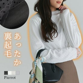 【全品10%OFFクーポン】【マラソン特価★2,290円 送料無料】起毛裏地付き 選べる柄チュールハイネックカットソー ☆ カットソー 起毛裏地 チュール ハイネック ふんわり ドット レース ラメ 透け感 ピエロ【Pierrot】