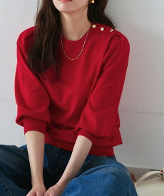 【春ニットフェア】ゴールドボタンパフスリーブニット ☆ 七分袖 抜け感 きれいめ カジュアル ボディ ライン 拾いにくい 着映え ピエロ【Pierrot】