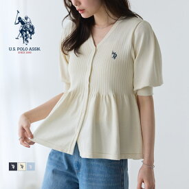 【夏SALE】U.S. POLO ASSN. パフスリーブペプラムカーディガン ☆ リブ ペプラム パフスリーブ フェミニン 二の腕 お尻 カバー Vネック ピエロ【Pierrot】 送料無料 ≪当日発送≫