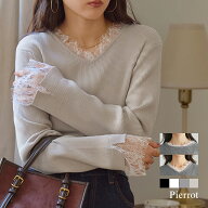 【予約】選べるネックレースドッキングニット ☆ レースドッキング リブニット レイヤード風 重ね着風 ニ…