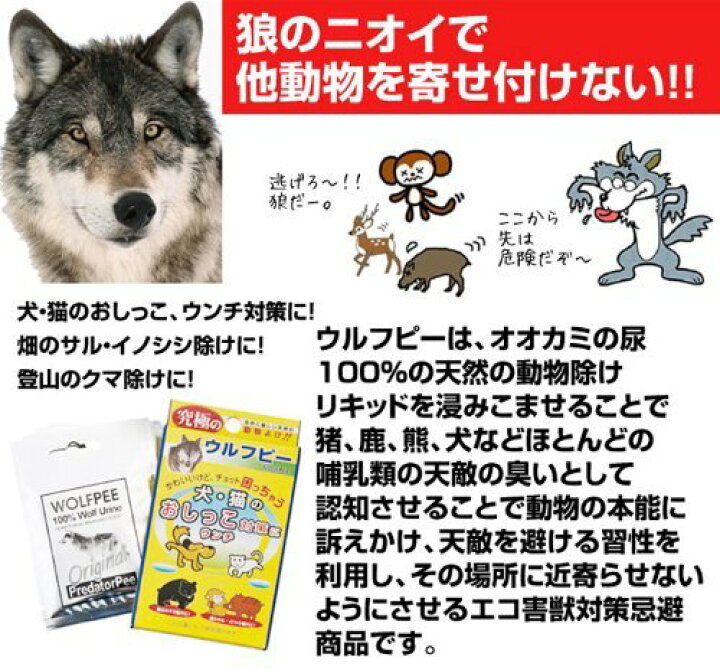 楽天市場 ウルフピー ｗｏｌｆｐｅｅ ４袋 オオカミ尿100 害獣忌避 熊 イノシシ サル 鹿対策 害獣対策 害獣撃退 イノシシ対策 ｐｉｇｇｙ ｐｉｇｇｙ