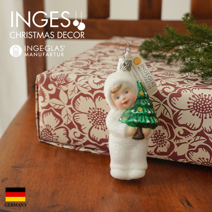 10016S015 ドイツINGE-GLAS MANUFAKTUR（インゲ・グラス） ［雪のこどもたち］ ツリーを持ったこども 9cm  オーナメント クリスマスツリー ガラス 豪華 高級 ドイツ  Made in Germany ヨーロッパ クリスマス[B] ピカキュウホーム ピカキュウhome