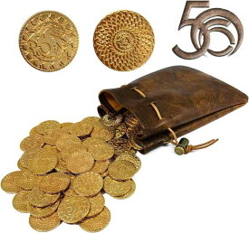 コインおもちゃ50個、RPG用金貨、DNDテーブルゲームコイン、PUレザー収納バッグ付き、RPGツール用金属コイン、ボードゲーム用コインおもちゃ、金貨おもちゃ