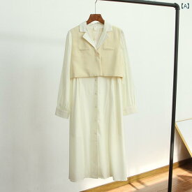 レディース ファッション 春秋 文学 芸術 ベスト ショート コート 長袖 シングルブレスト シャツ ドレス 2点 セット