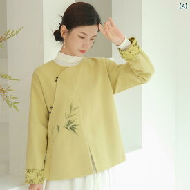 グリーン 秋冬 エレガント トップス レトロ 瞑想 茶道師服 中国 手描き ラウンドネック ウール 芸術的 女性 ジャケット