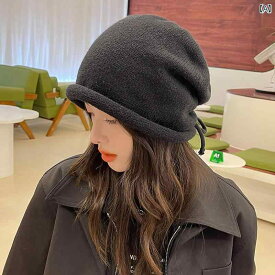 ニット帽 韓国 カール シンプル 耳保護 暖かい 巾着 ニット トゥ キャップ 女性 秋冬 無地 パイル 帽子