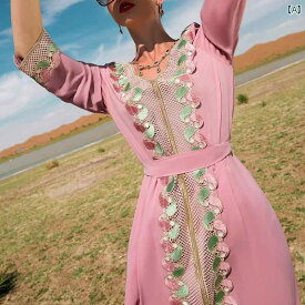 レディース ワンピース エスニック ピンク 刺繍 レース ロング ドレス レトロ 休暇 ゴージャス 中東 ドレス 伝統的 服