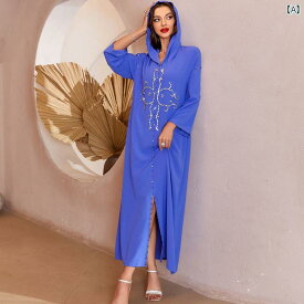 レディース ワンピース エスニック ブルー 手縫い ロング ドレス 抽象的 花 形 フード モロッコ ドレス 中東 婦人服