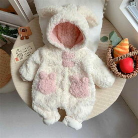 ロンパース ベビー ウェア 女 赤ちゃん 冬 柔らか かわいい ピンク 毛皮 セーター 新生児 冬かわいい ウサギ 耳 クロール スーツ