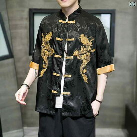 メンズ トップス シャツ 中華風 ドラゴンローブ 唐 スーツ 薄氷 絹 半袖 シャツ レトロ スタンドカラー シャツ 刺繍入り ジャケット