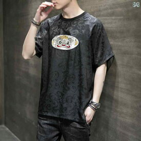 メンズ トップス シャツ 夏 薄い Qitian 猿 王 刺繍 半袖 T シャツ 中華風 大きいサイズ T シャツ 冷感