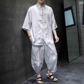メンズ トップス シャツ 唐 スーツ 夏 薄氷 絹 半袖 シャツ 中華風 スーツ 中国 ドラゴンローブ レトロカーディガン スーツ
