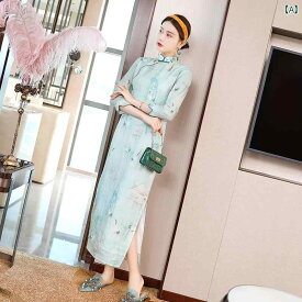 チャイナ ドレス 民族衣装 民族風 版 女性用 若い 瞑想 茶 ドレス 夏 スリム 中華風 女性用 プリント 苧 麻 ドレス