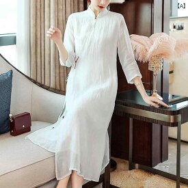 チャイナ ドレス 民族衣装 ハイエンド ラミー 薄い 茶 ドレス 女性 夏 綿 リネン 中華風 瞑想 婦人服