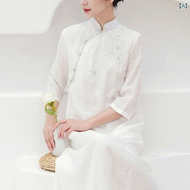 チャイナ ドレス 民族衣装 刺繍 竹 茶 アーティスト 服 プレート バックル 中華風 女性 綿 リネン 瞑想 茶 ドレス 女性