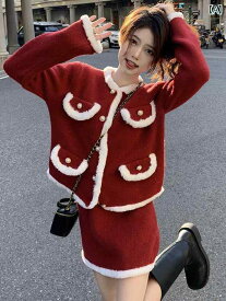 レディース ファッション おしゃれ レトロ 新年 シャツ スーツ ドレス 冬 女性 クリスマス 新年 衣装 スカートお祝い ツーピース 赤い ドレス