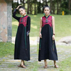 レディース ファッション おしゃれ レトロ 中華風 夏 刺繍 ドレス ジャカード 生地 文学 スタンドカラー スカート