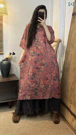 レディース ワンピース エスニック ドレス 古風 夏 女性 レトロ ラミー 二層 V ネック デジタル プリント ドレス
