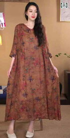 レディース ワンピース エスニック ドレス 古風 夏新 レトロ ラミー 単 層 プリント ウエスト 巾着 V ネック ドレス 女性