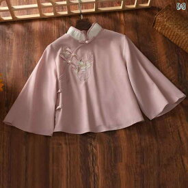 レディース トップス エキゾチック 春夏 民族風 スタンドカラー 刺繍 逆大 袖 ピンク 花柄 スカート 2点 セット