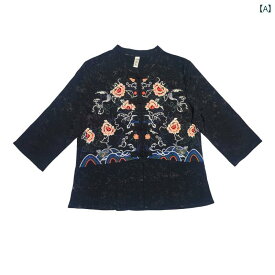 レディース トップス エキゾチック エスニック 刺繍 シャツ 女性 テンセル スタンドカラー プレート ボタン スリム 半袖 カーディガン 女性