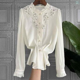 レディース トップス エキゾチック 女性 白い シャツ 春 菌 スタンドカラー 長袖