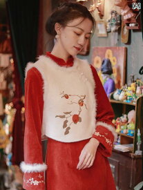冬 チャイナ スーツ 女性 刺繍 ベスト 赤 文学 コーデュロイ ドレス