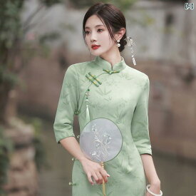 チャイナ ドレス かわいい キャットウォーク 斜め 襟 ボタン 付き スエード 刺繍 パフォーマンス 衣装 ロング クラシック スリム