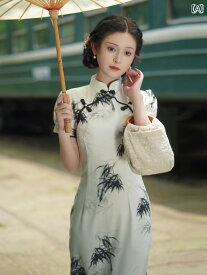 レディース ファッション 中華 チャイナ ドレス 少女 文学 ク 竹 ロング ドレス 夏