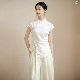 レディース ファッション 中華 女性 夏 ティー スーツ ジャカード 白い スタンドカラー トップス