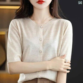 レディース トップス シンプル 汎用性 若々しい する 女性用 パフスリーブ セーター 半袖 夏用 薄手 ハーフスリーブ カーディガン T シャツ