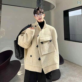 メンズ コート おしゃれ 冬 韓国 スタンドカラー 厚手 ラムウール コート 斜め ボタン 大きい ポケット シルエット ウインドブレーカー