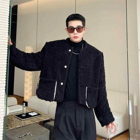 メンズ 冬 ラムウール 厚手 ジャケット 韓国 ホット ストリート 暖かいノー カラー ショート コットン 服