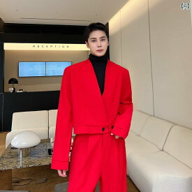 春秋 メンズ 赤い スーツ ジャケット ハイエンド ストリート 韓国 中国 赤い Vネック ショート スーツ