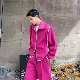 男性 秋 衣装 韓国 スタンドカラー スウェットシャツ ジャケット カジュアル ショート スーツ 完全 セット 2点 セット