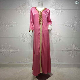 エスニック ドレス ワンピース 中東 サウジアラビア マレーシア ウイグル ウイメンズ ドレス ホット リボン レース ロング アバヤ ドレス