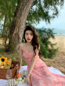 ワンピース 夏 シフォン 優しい 花柄 ピンク ウエスト フェアリー サスペンダー ドレス 背開き 旅行 写真 海辺 リゾート ドレス ビーチ ドレス